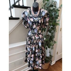 Vintage Brandywine Creek Dress Women 9/10 Floral Black Puff Sleeve Cottagecore